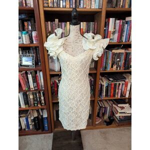 VINTAGE Susan Roselli Midi Dress Womens 8 Sequin Puff Sleeve Prom 80s White